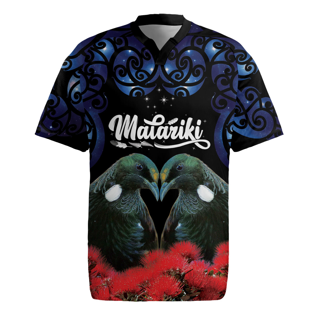 New Zealand Maori Matariki Rugby Jersey Hongi Tui Bird Pohutukawa and Polynesia Tribal LT03 Black - Polynesian Pride