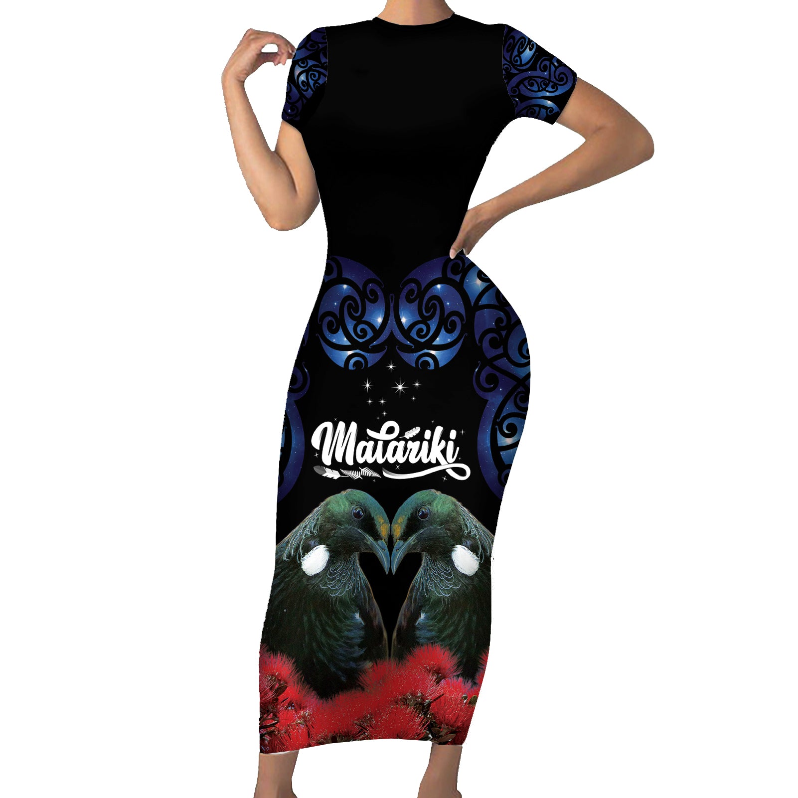 New Zealand Maori Matariki Short Sleeve Bodycon Dress Hongi Tui Bird Pohutukawa and Polynesia Tribal