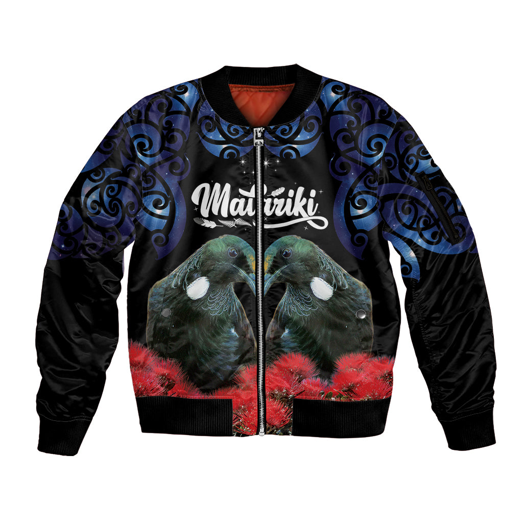 New Zealand Maori Matariki Sleeve Zip Bomber Jacket Hongi Tui Bird Pohutukawa and Polynesia Tribal