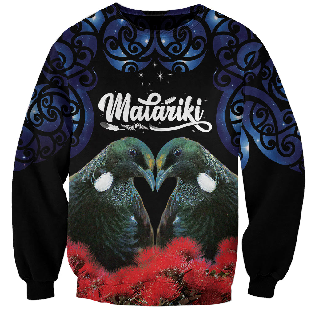 New Zealand Maori Matariki Sweatshirt Hongi Tui Bird Pohutukawa and Polynesia Tribal