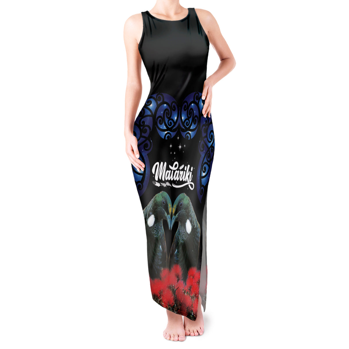 New Zealand Maori Matariki Tank Maxi Dress Hongi Tui Bird Pohutukawa and Polynesia Tribal