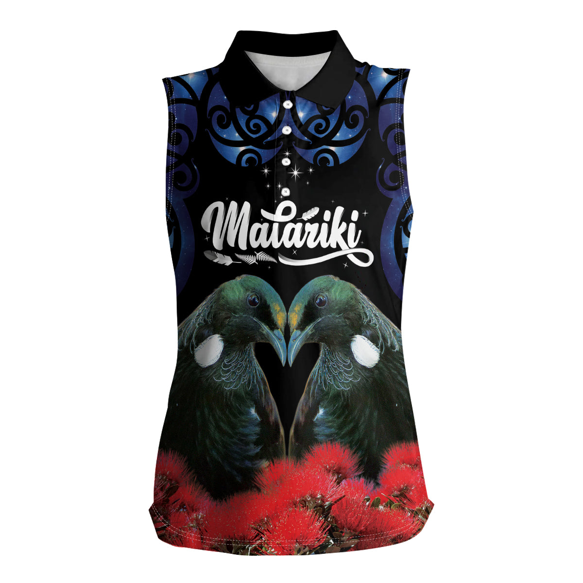 New Zealand Maori Matariki Women Sleeveless Polo Shirt Hongi Tui Bird Pohutukawa and Polynesia Tribal