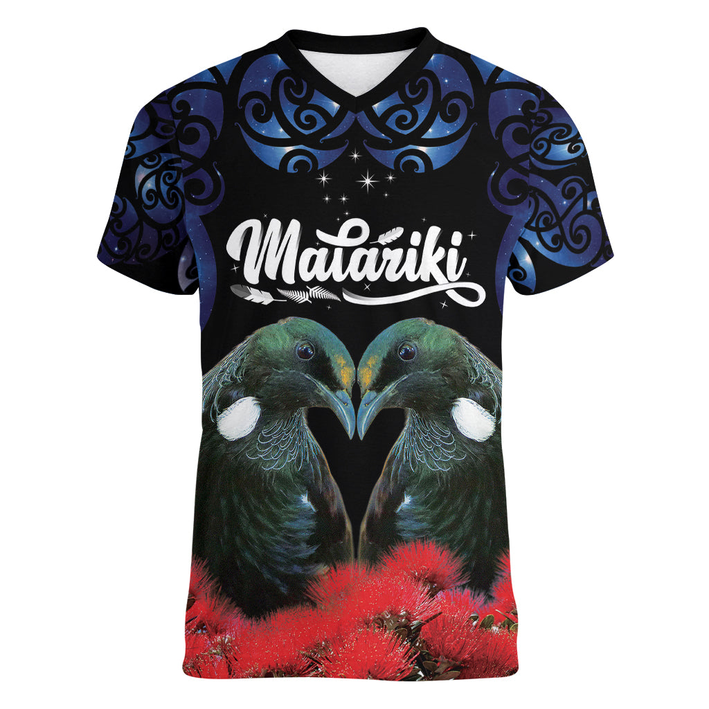 New Zealand Maori Matariki Women V-Neck T-Shirt Hongi Tui Bird Pohutukawa and Polynesia Tribal