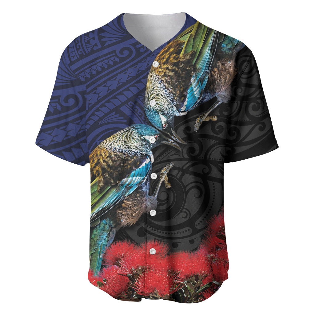 New Zealand Maori Hongi Culture Baseball Jersey Tui Bird Pohutukawa and Polynesian Pattern LT03 Blue - Polynesian Pride