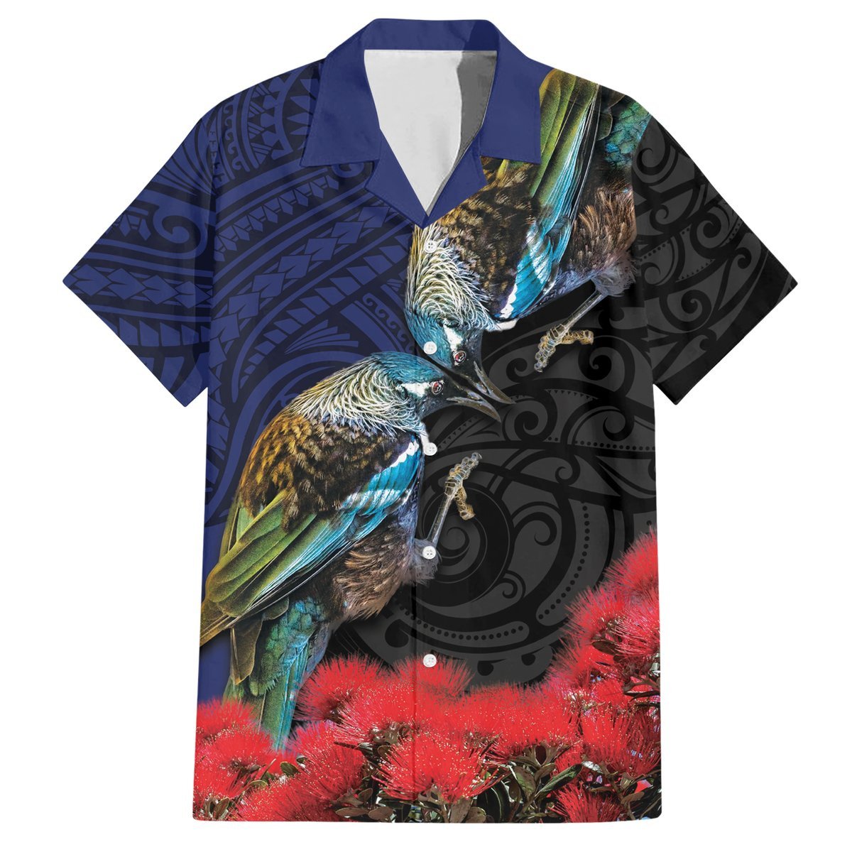 New Zealand Maori Hongi Culture Hawaiian Shirt Tui Bird Pohutukawa and Polynesian Pattern LT03 Blue - Polynesian Pride