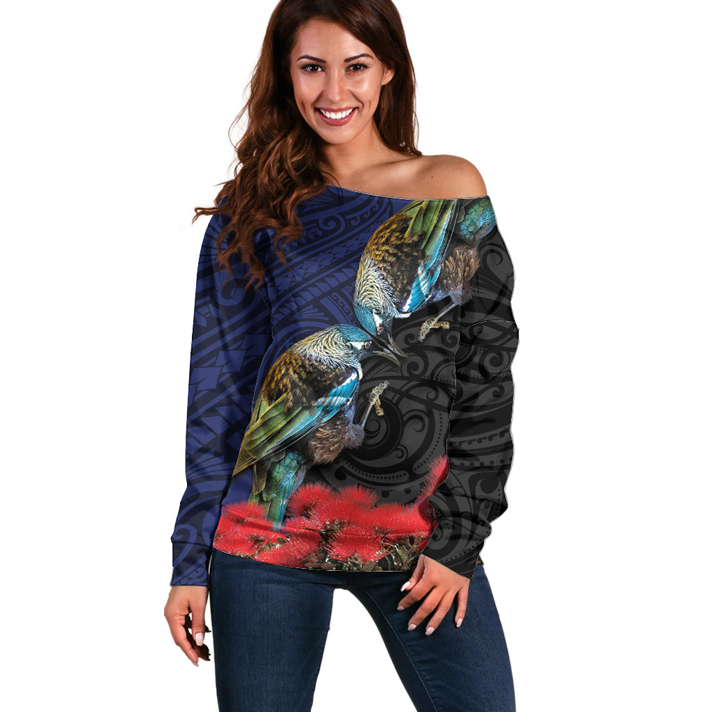 New Zealand Maori Hongi Culture Off Shoulder Sweater Tui Bird Pohutukawa and Polynesian Pattern LT03 Women Blue - Polynesian Pride