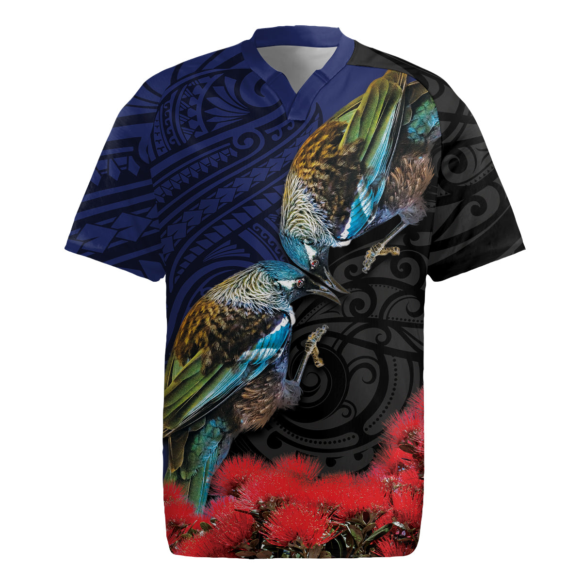 New Zealand Maori Hongi Culture Rugby Jersey Tui Bird Pohutukawa and Polynesian Pattern LT03 Blue - Polynesian Pride