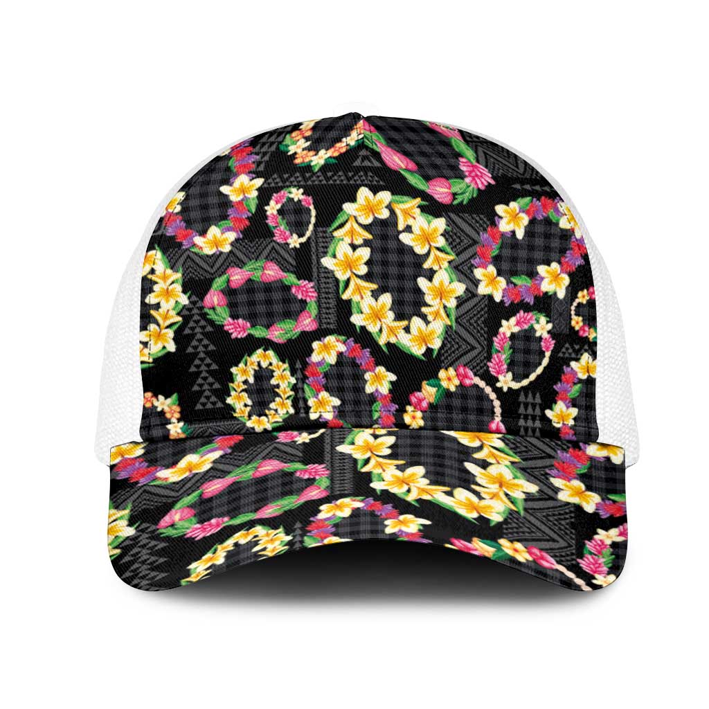 Hawaiian Kakau Tattoo Leis and Palaka Pattern Mesh Trucker Cap Traditional Aloha Tribal Black Color LT03 One Size White Black - Polynesian Pride