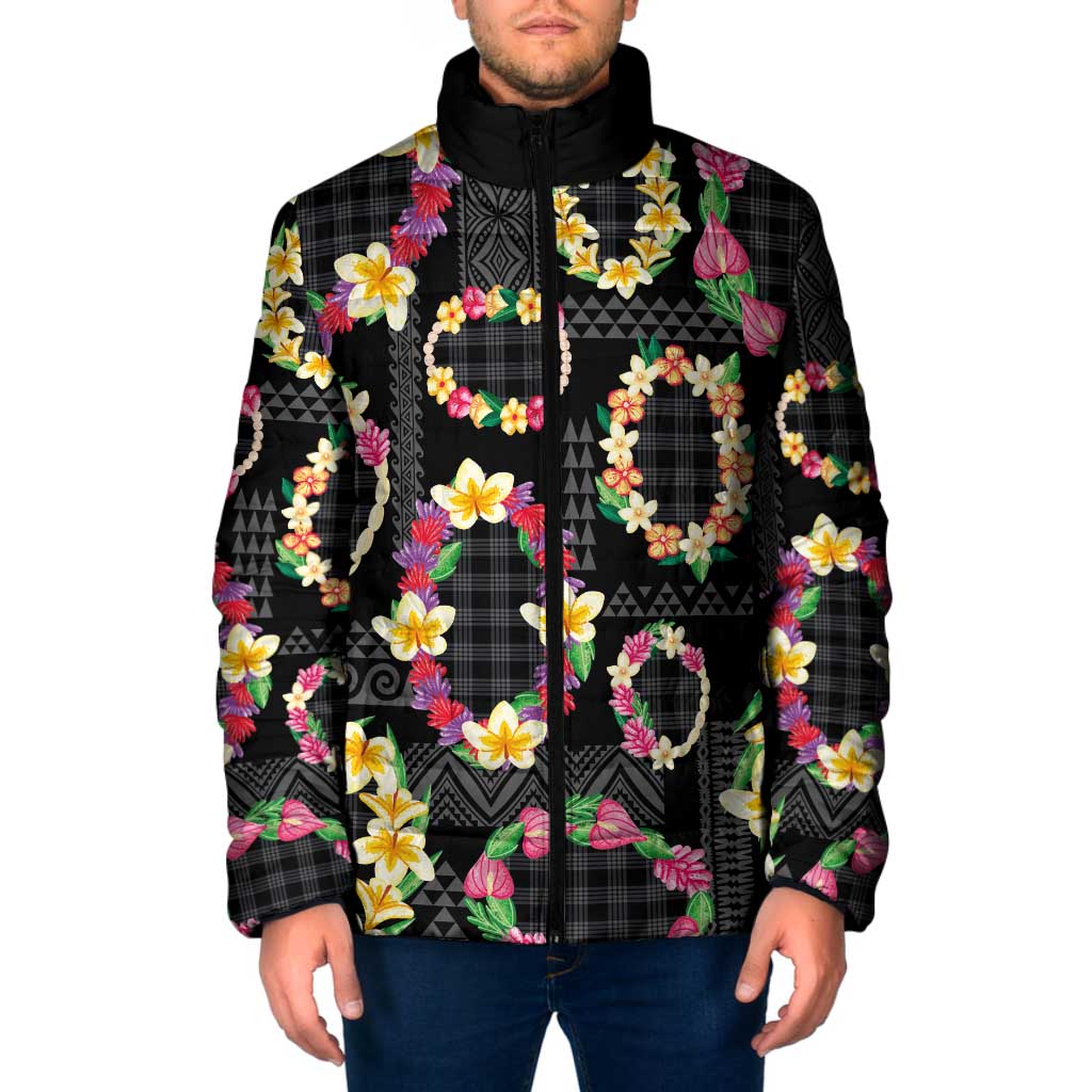 Hawaiian Kakau Tattoo Leis and Palaka Pattern Padded Jacket Traditional Aloha Tribal Black Color LT03 Men Black - Polynesian Pride