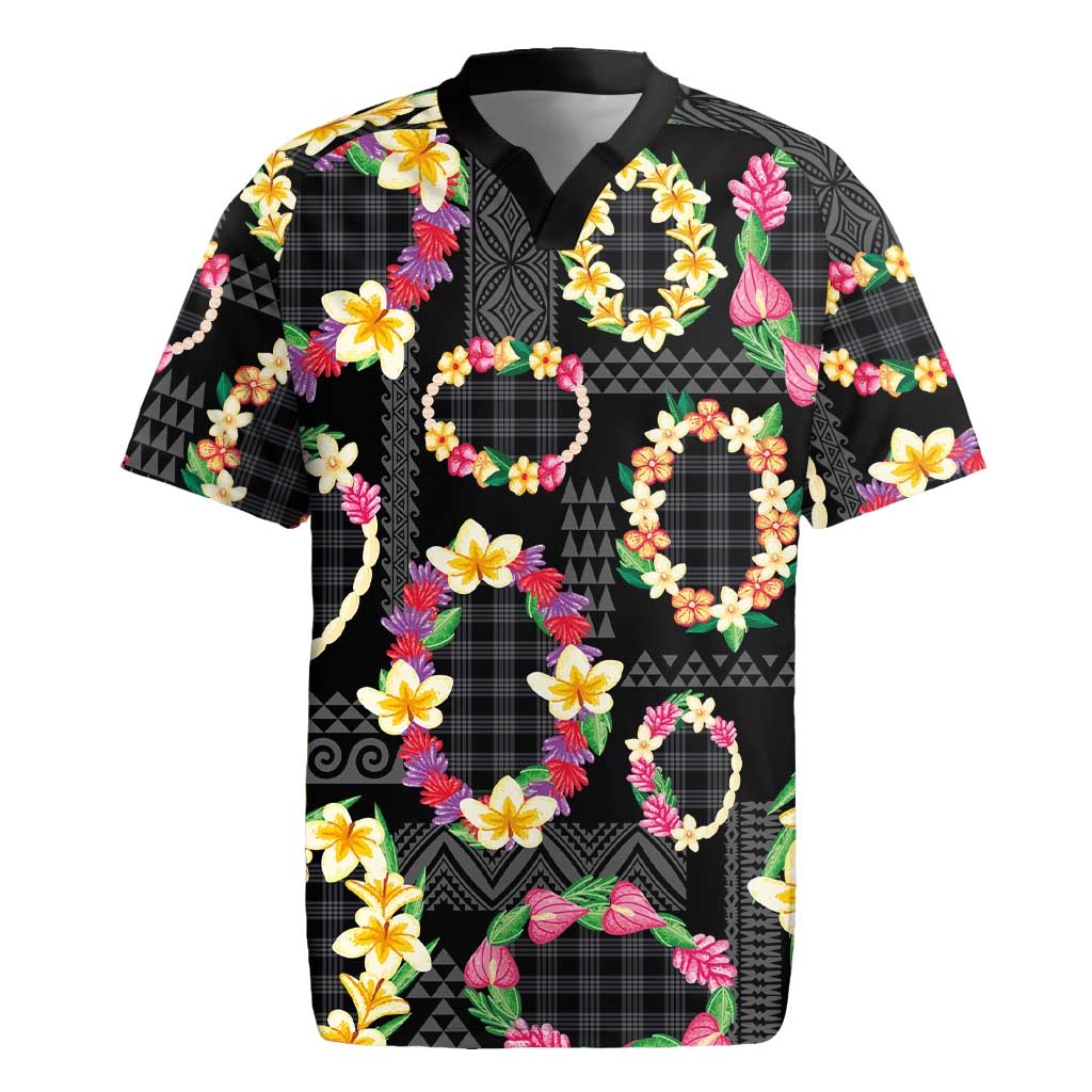 Hawaiian Kakau Tattoo Leis and Palaka Pattern Rugby Jersey Traditional Aloha Tribal Black Color LT03 Black - Polynesian Pride