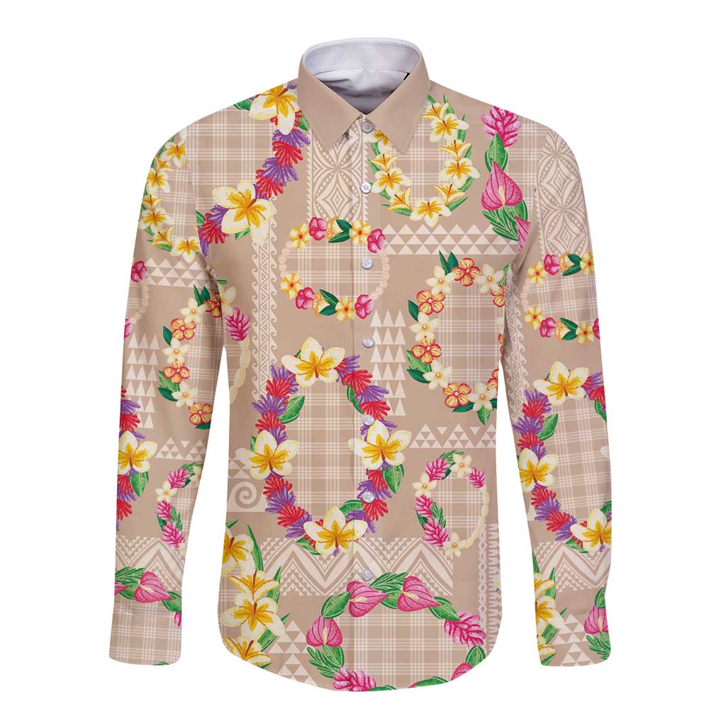 Hawaiian Kakau Tattoo Leis and Palaka Pattern Long Sleeve Button Shirt Traditional Aloha Tribal Beige Color LT03 Unisex Beige - Polynesian Pride
