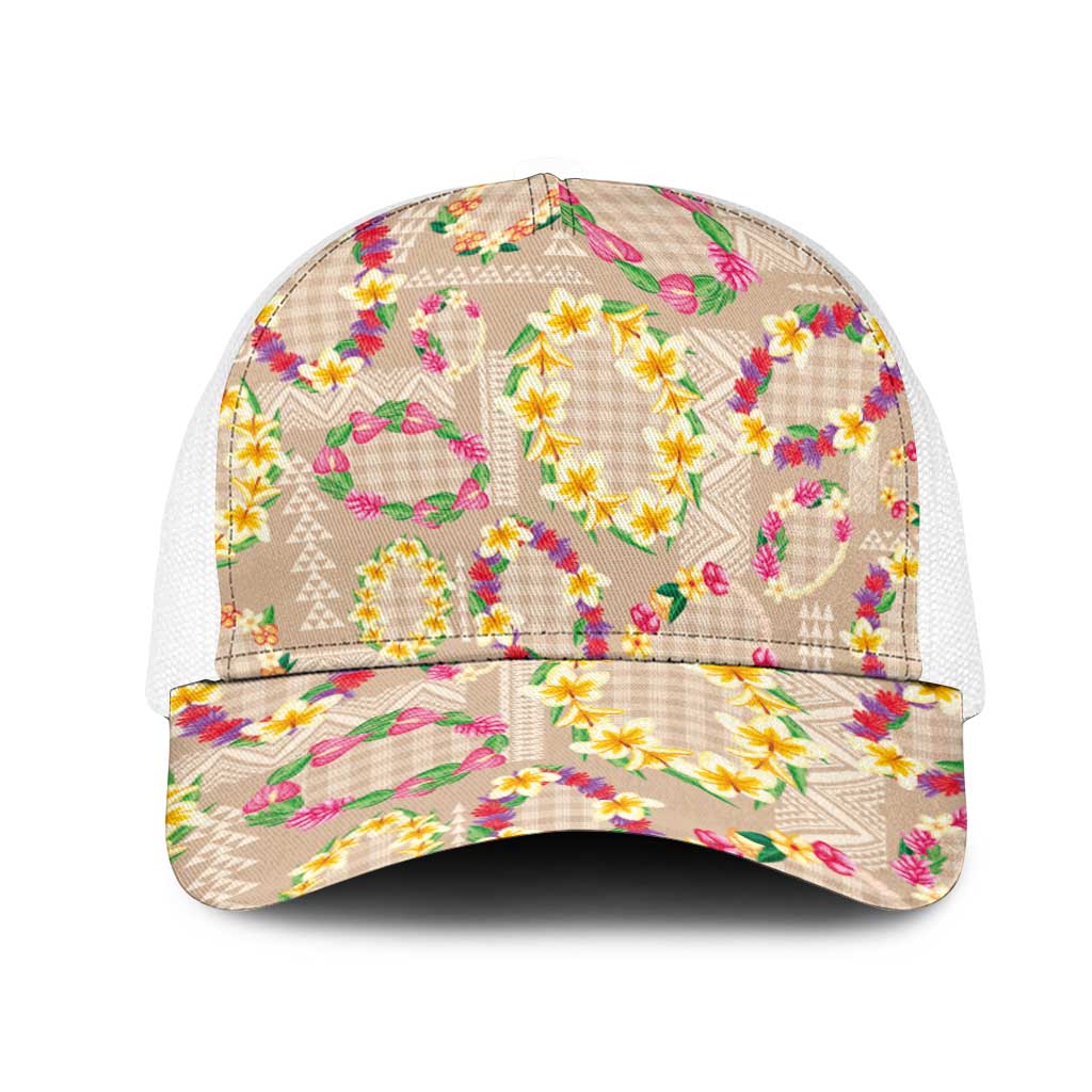 Hawaiian Kakau Tattoo Leis and Palaka Pattern Mesh Trucker Cap Traditional Aloha Tribal Beige Color LT03 One Size White Beige - Polynesian Pride