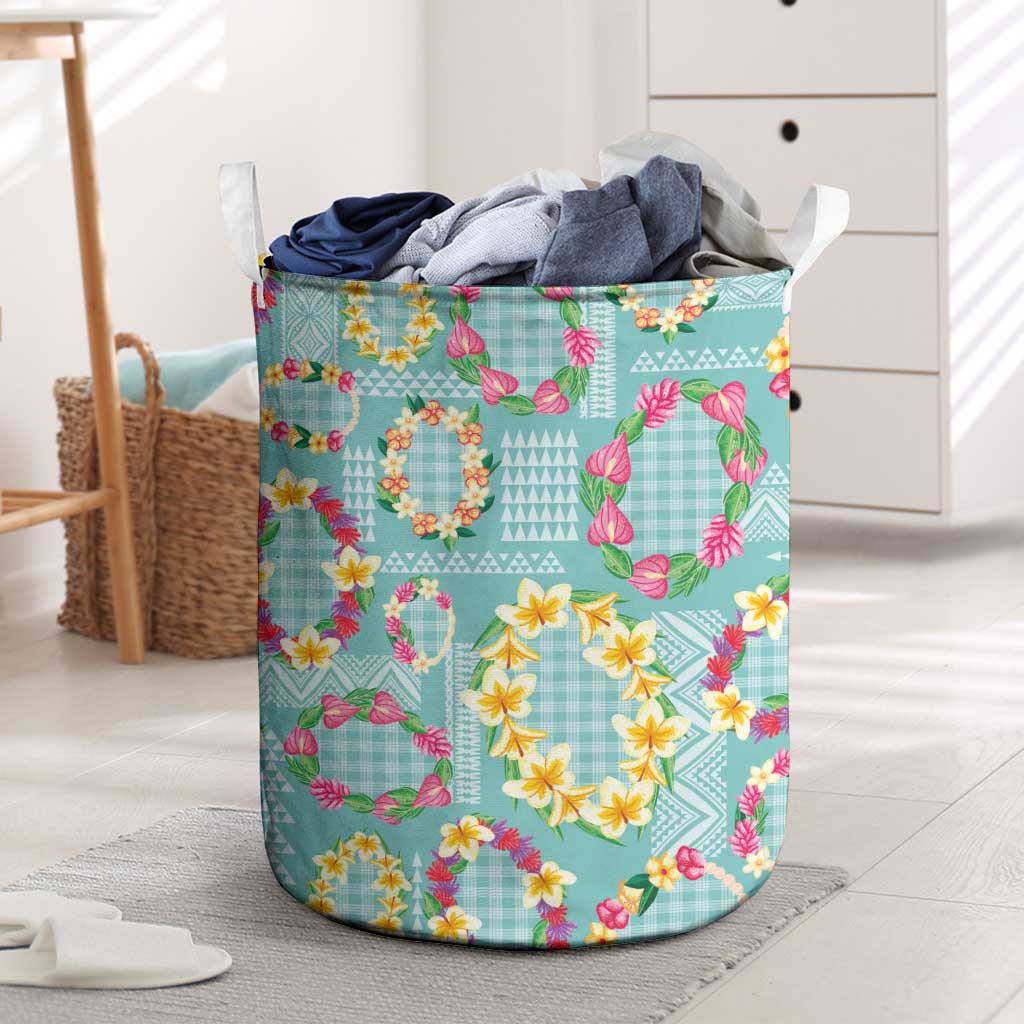 Hawaiian Leis Laundry Basket Kakau Tattoos and Palaka Pastel Teal Color LT03 Teal - Polynesian Pride