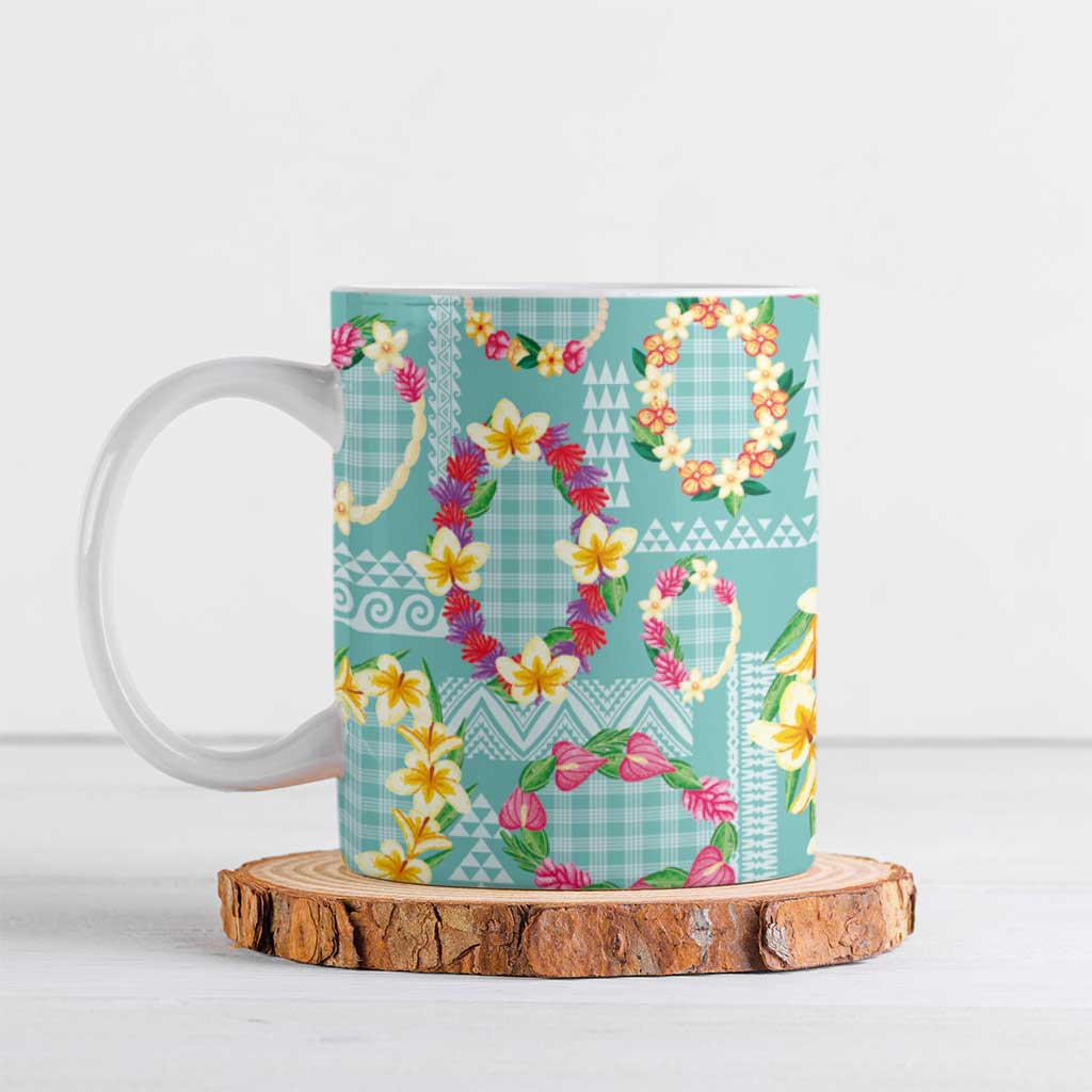 Hawaiian Leis Ceramic Mug Kakau Tattoos and Palaka Pastel Teal Color LT03 Teal - Polynesian Pride