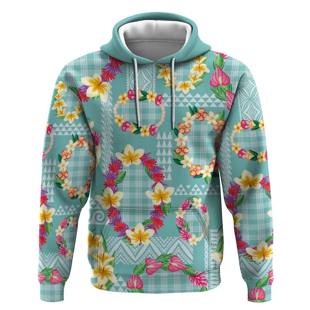Hawaiian Leis Hoodie Kakau Tattoos and Palaka Pastel Teal Color LT03 Pullover Hoodie Teal - Polynesian Pride