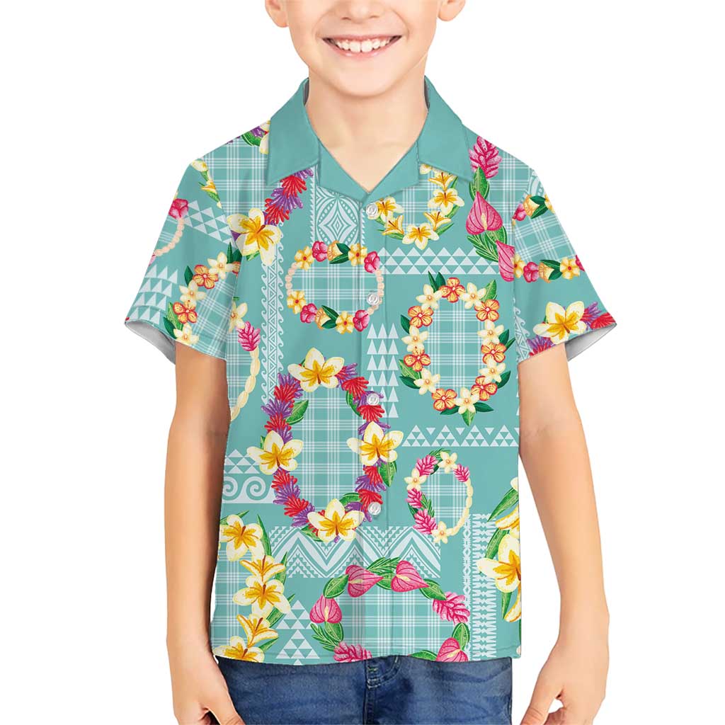 Hawaiian Leis Kid Hawaiian Shirt Kakau Tattoos and Palaka Pastel Teal Color LT03 Kid Teal - Polynesian Pride