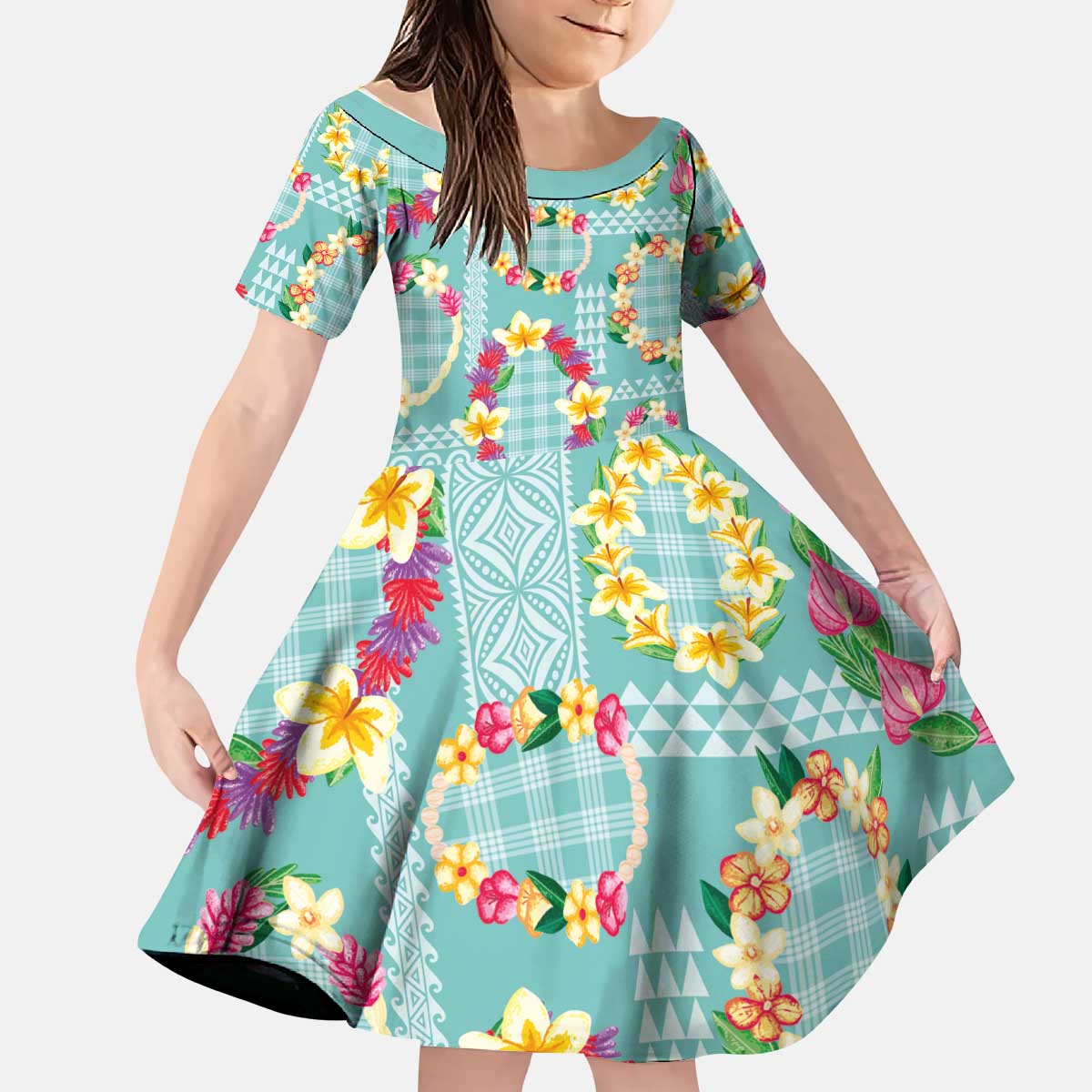 Hawaiian Leis Kid Short Sleeve Dress Kakau Tattoos and Palaka Pastel Teal Color LT03 KID Teal - Polynesian Pride