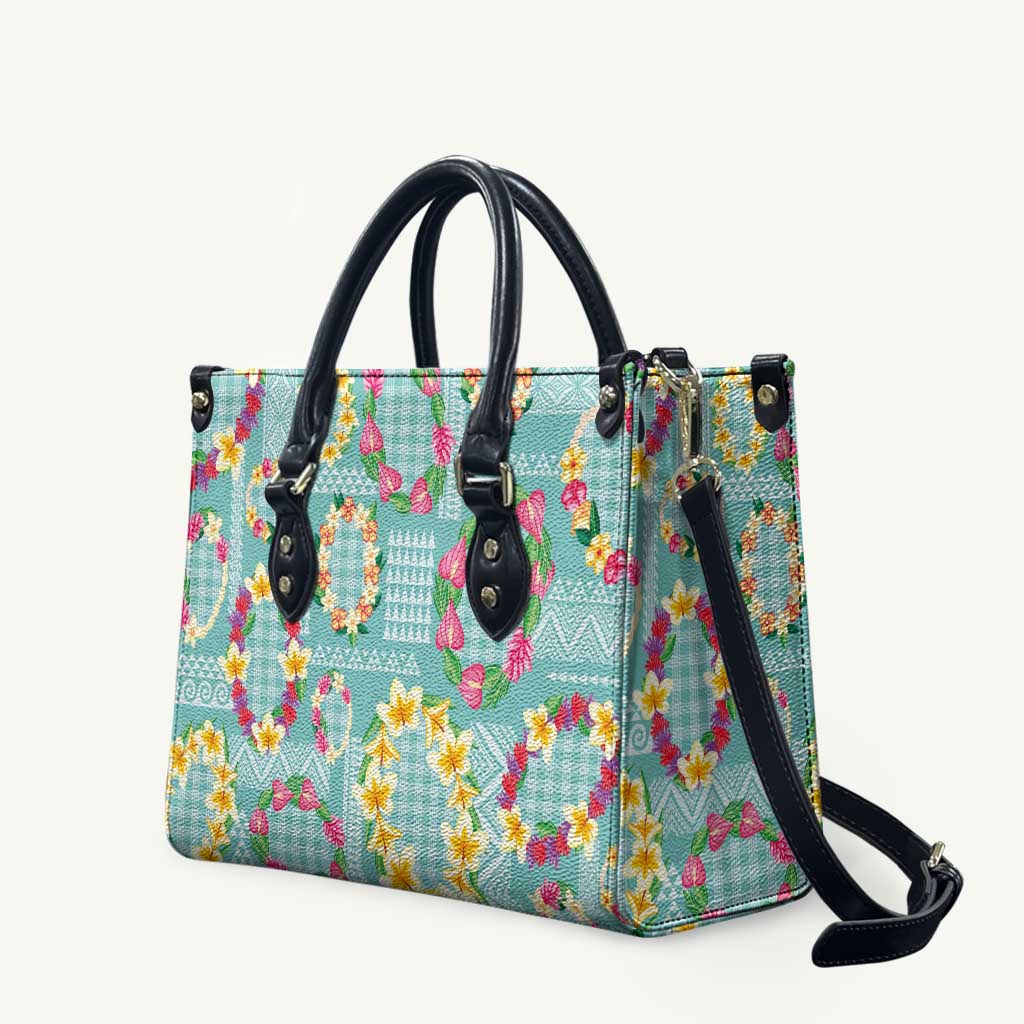 Hawaiian Leis Leather Bag Kakau Tattoos and Palaka Pastel Teal Color LT03 Teal - Polynesian Pride