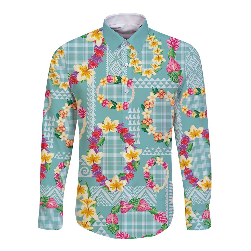 Hawaiian Leis Long Sleeve Button Shirt Kakau Tattoos and Palaka Pastel Teal Color LT03 Unisex Teal - Polynesian Pride