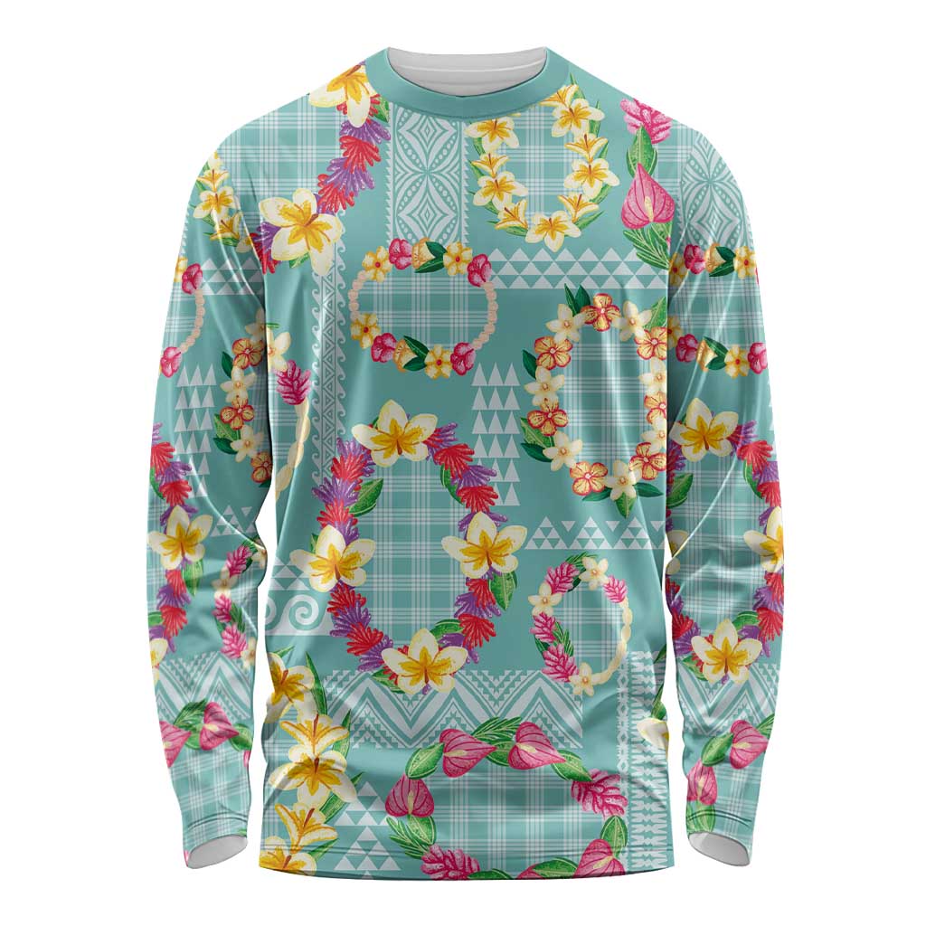 Hawaiian Leis Long Sleeve Shirt Kakau Tattoos and Palaka Pastel Teal Color LT03 Unisex Teal - Polynesian Pride
