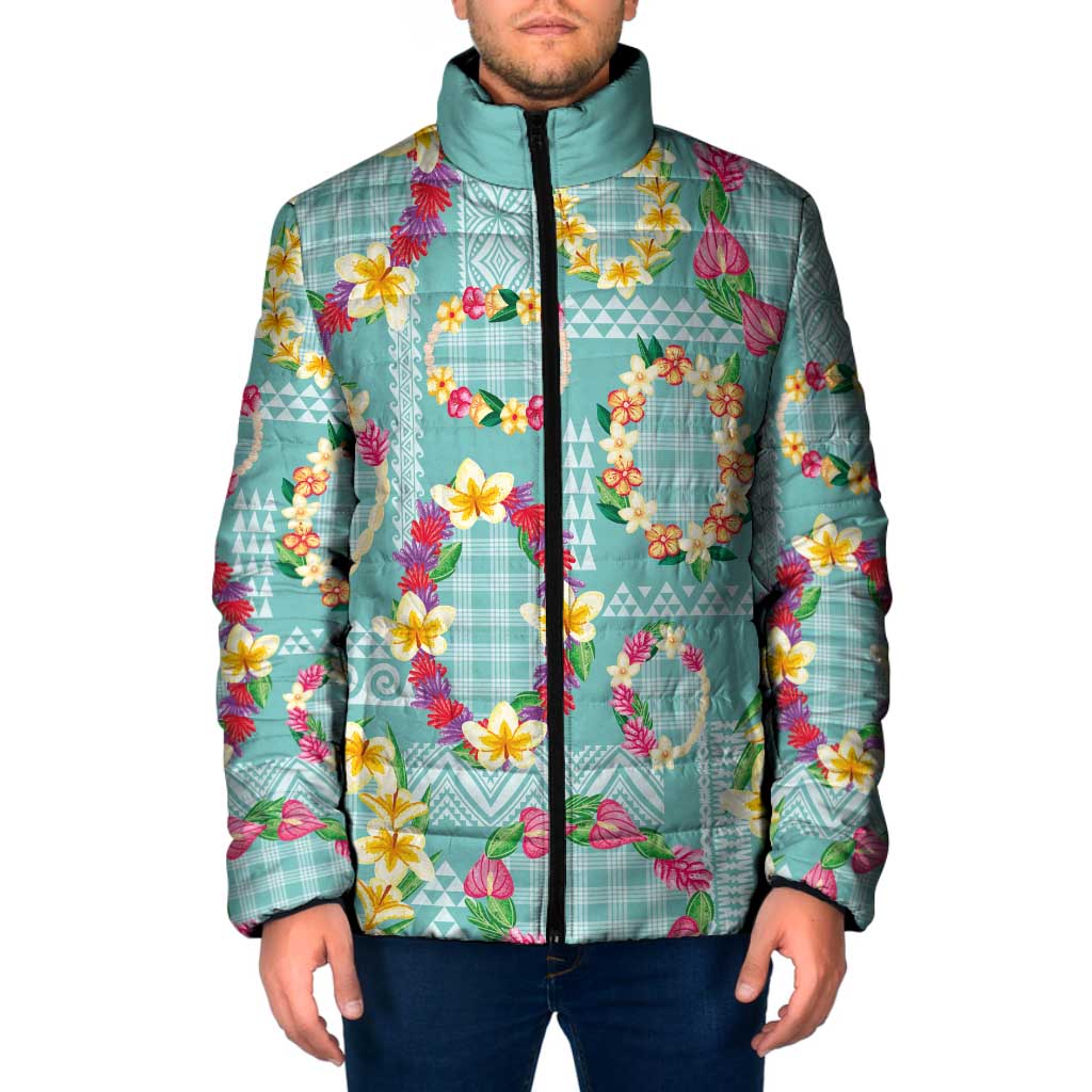 Hawaiian Leis Padded Jacket Kakau Tattoos and Palaka Pastel Teal Color LT03 Men Teal - Polynesian Pride