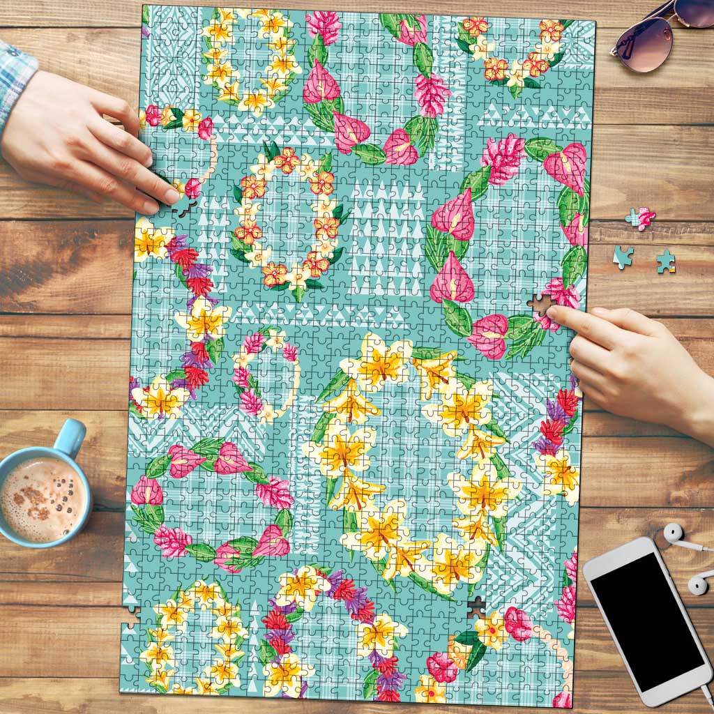 Hawaiian Leis Puzzle Kakau Tattoos and Palaka Pastel Teal Color LT03 Teal - Polynesian Pride