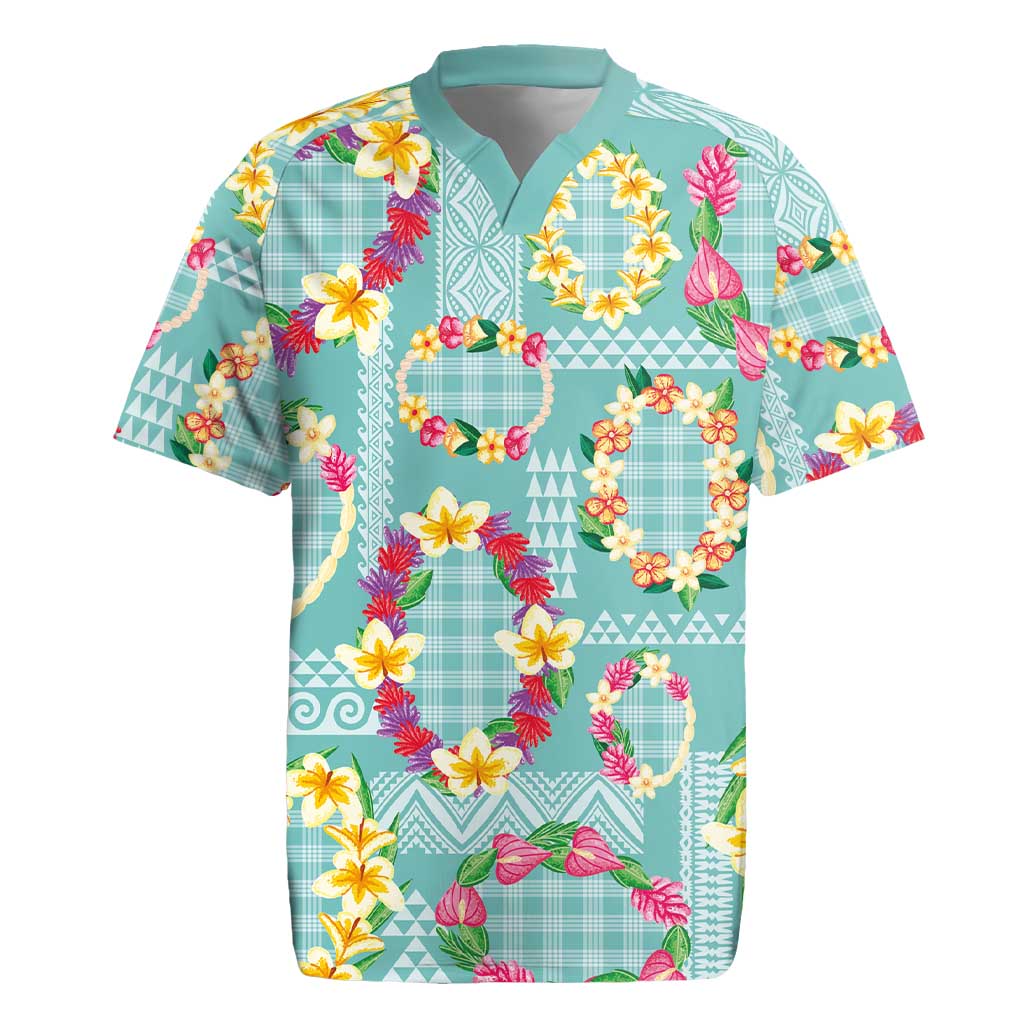 Hawaiian Leis Rugby Jersey Kakau Tattoos and Palaka Pastel Teal Color LT03 Teal - Polynesian Pride