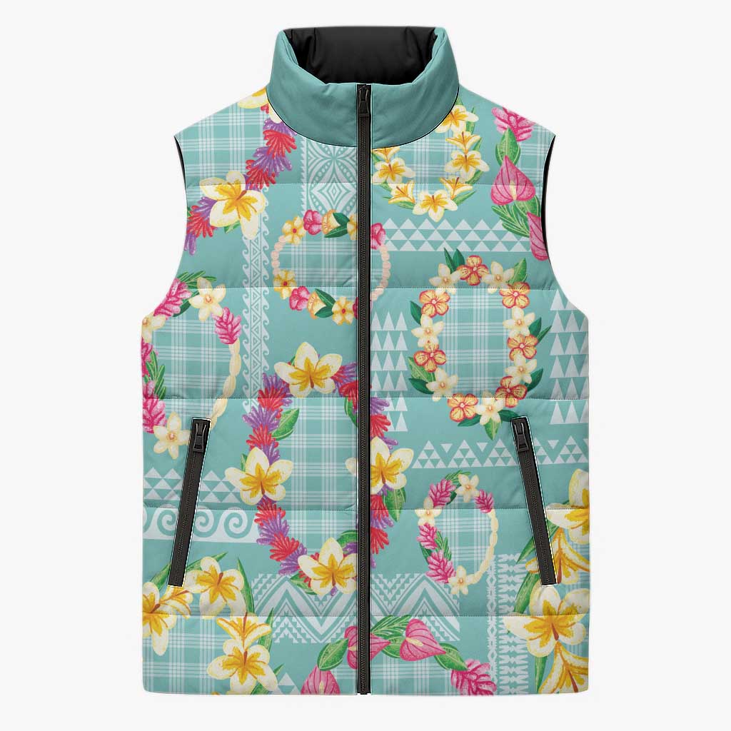 Hawaiian Leis Sleeveless Puffer Jacket Kakau Tattoos and Palaka Pastel Teal Color LT03 Unisex Teal - Polynesian Pride