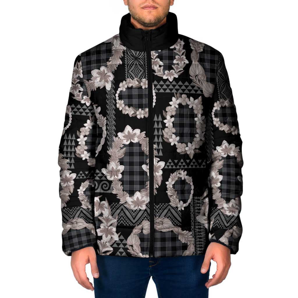 Hawaiian Leis Padded Jacket Kakau Tattoos and Palaka Pastel Grayscale LT03 Men Black - Polynesian Pride