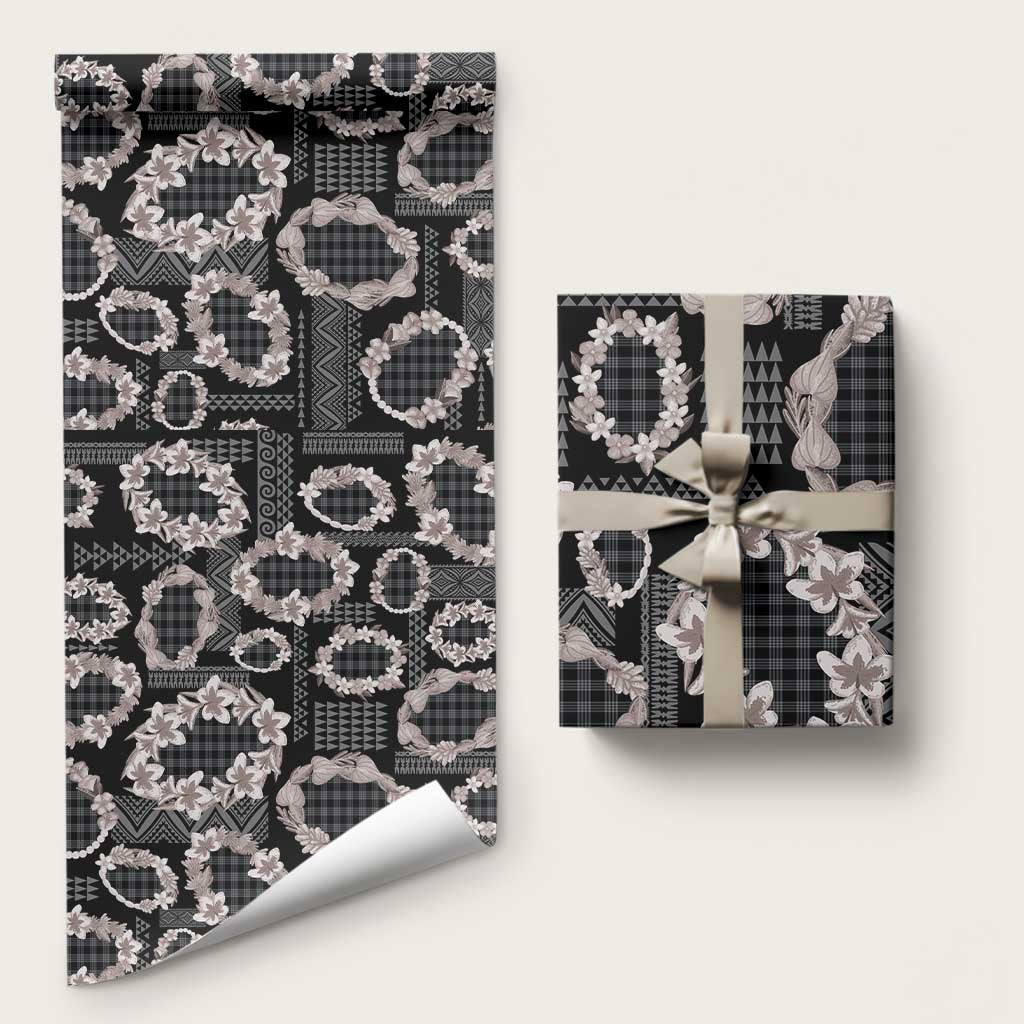 Hawaiian Leis Wrapping Paper Kakau Tattoos and Palaka Pastel Grayscale LT03 58" × 23" Black - Polynesian Pride