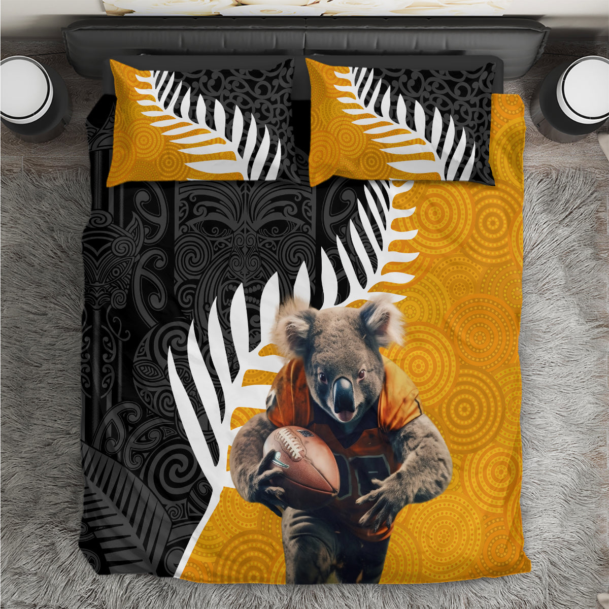 New Zealand and Australia Rugby Bedding Set Koala and Maori Warrior Together LT03 Black - Polynesian Pride