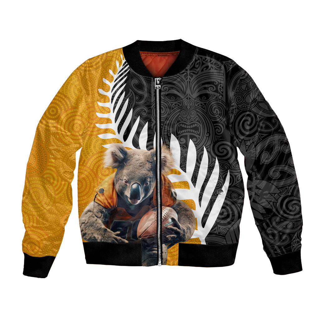 New Zealand and Australia Rugby Bomber Jacket Koala and Maori Warrior Together LT03 Unisex Black - Polynesian Pride