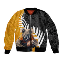 New Zealand and Australia Rugby Bomber Jacket Koala and Maori Warrior Together LT03 Unisex Black - Polynesian Pride