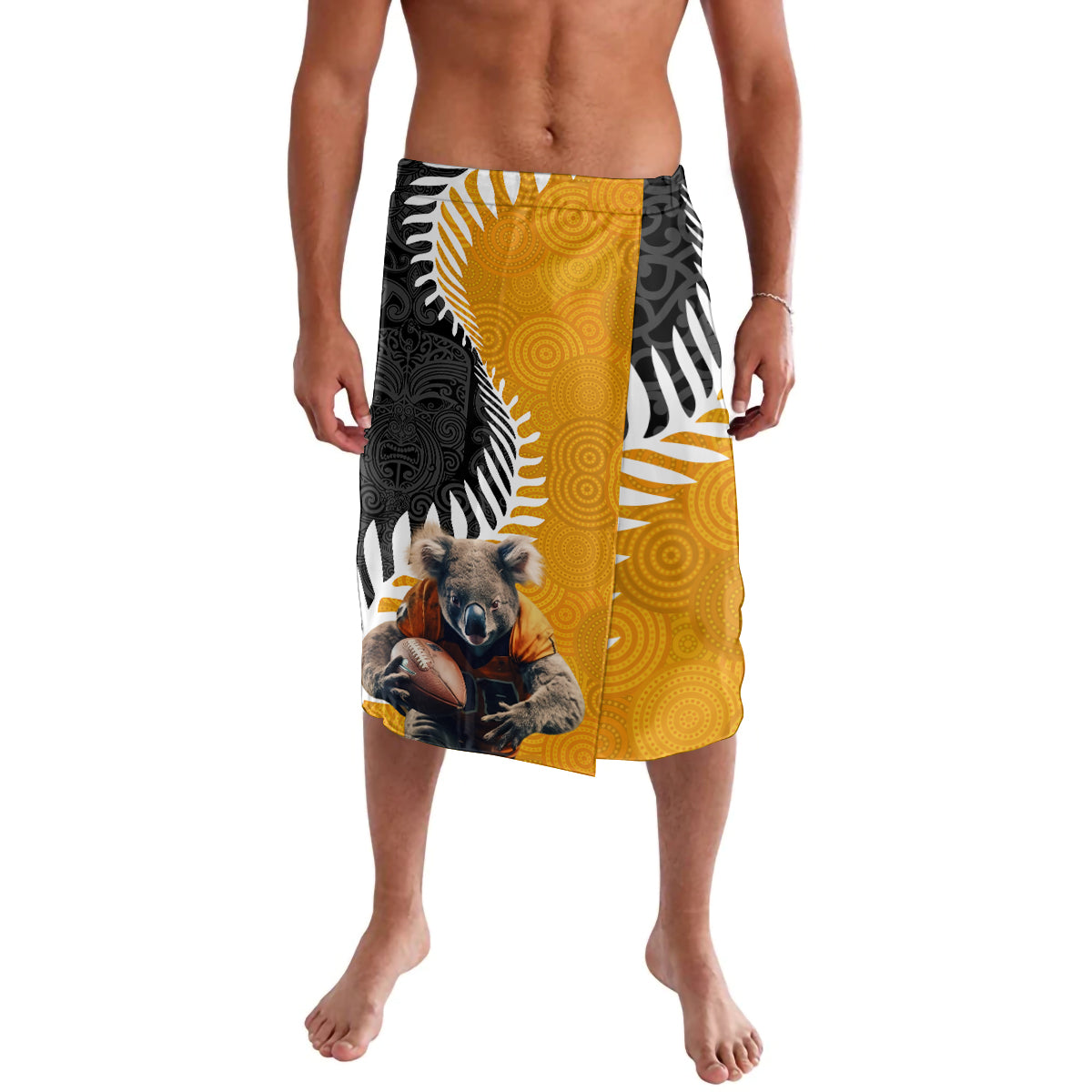 New Zealand and Australia Rugby Lavalava Koala and Maori Warrior Together LT03 Black - Polynesian Pride