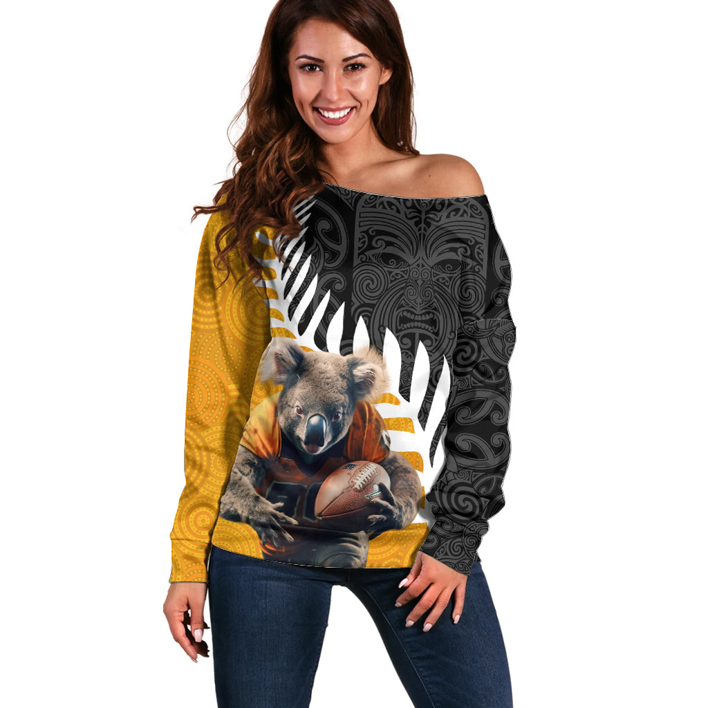 New Zealand and Australia Rugby Off Shoulder Sweater Koala and Maori Warrior Together LT03 Women Black - Polynesian Pride
