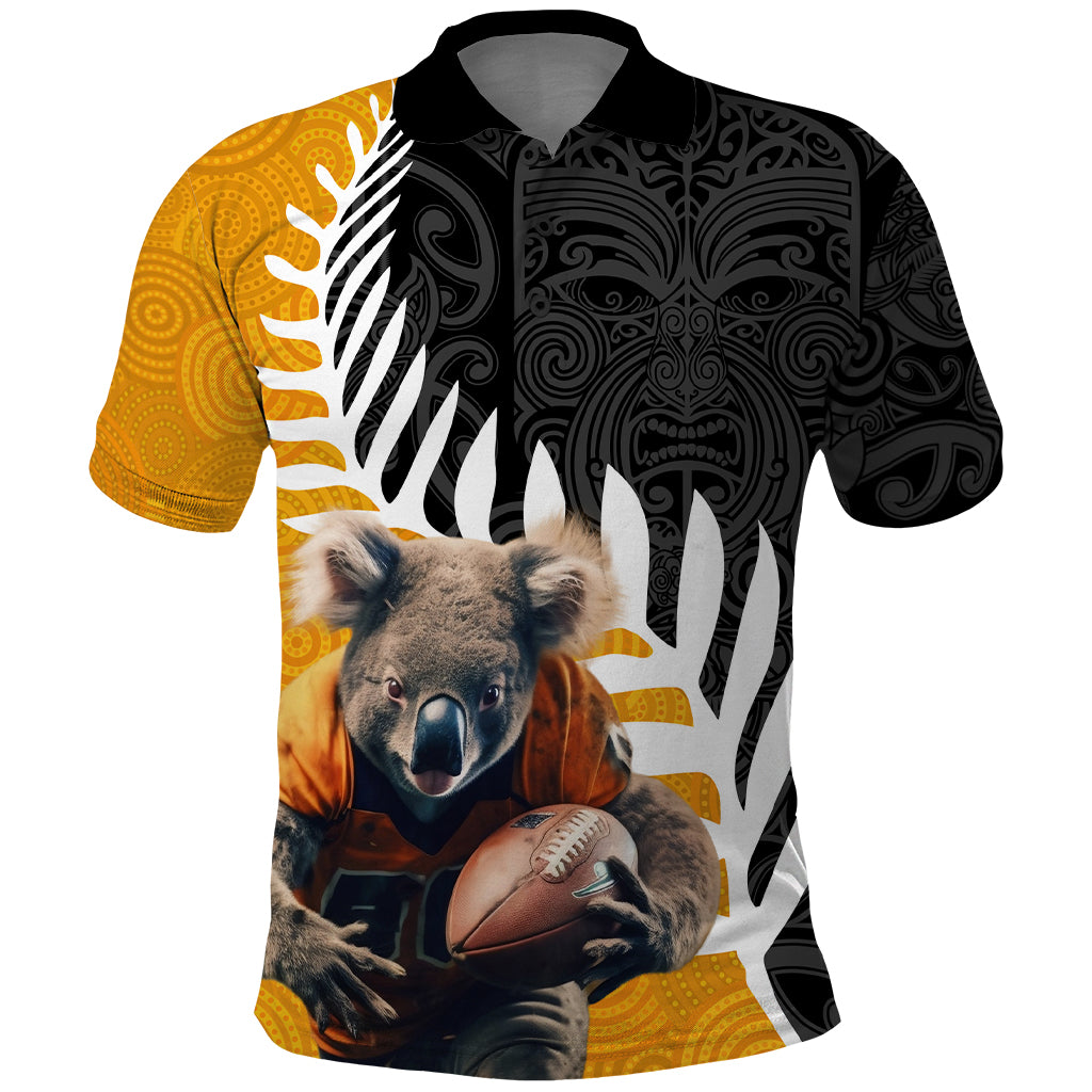 New Zealand and Australia Rugby Polo Shirt Koala and Maori Warrior Together LT03 Black - Polynesian Pride