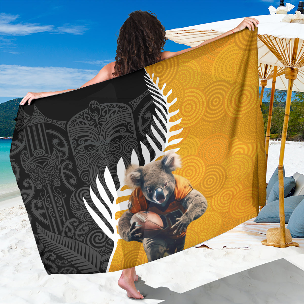 New Zealand and Australia Rugby Sarong Koala and Maori Warrior Together LT03 One Size 44 x 66 inches Black - Polynesian Pride