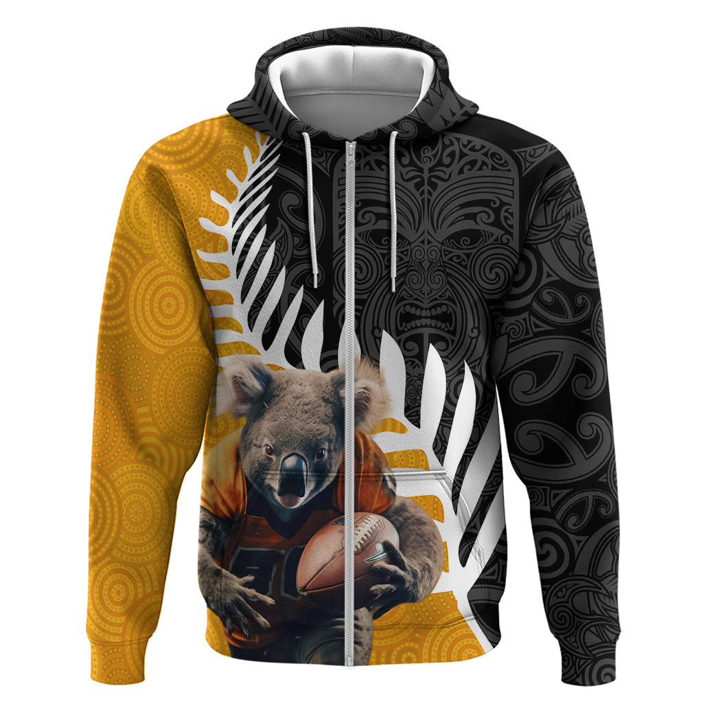 New Zealand and Australia Rugby Zip Hoodie Koala and Maori Warrior Together LT03 Zip Hoodie Black - Polynesian Pride