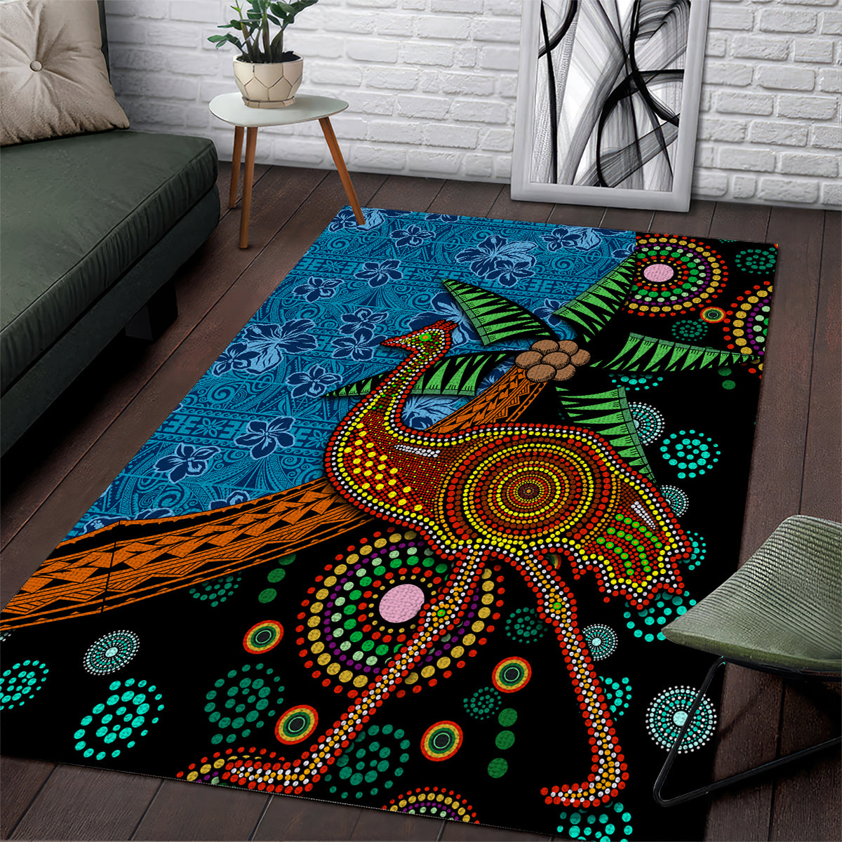 Fiji and Australia Area Rug Palm Tree and Abogirinal Emu LT03 Blue - Polynesian Pride