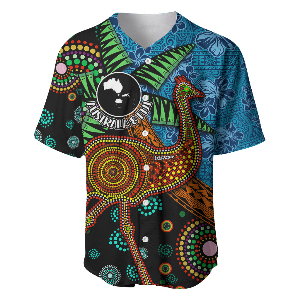 Fiji and Australia Baseball Jersey Palm Tree and Abogirinal Emu LT03 Blue - Polynesian Pride