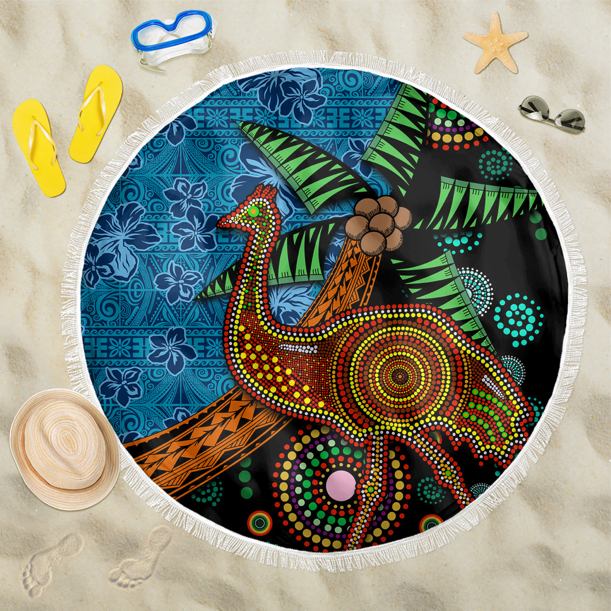 Fiji and Australia Beach Blanket Palm Tree and Abogirinal Emu LT03 One Size 150cm Blue - Polynesian Pride