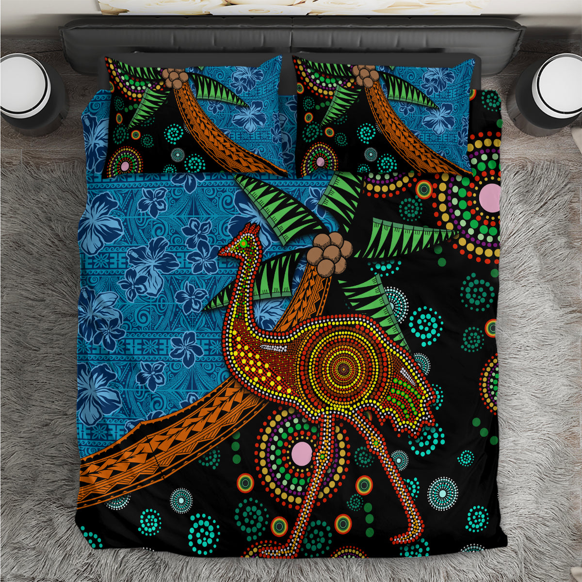 Fiji and Australia Bedding Set Palm Tree and Abogirinal Emu LT03 Blue - Polynesian Pride