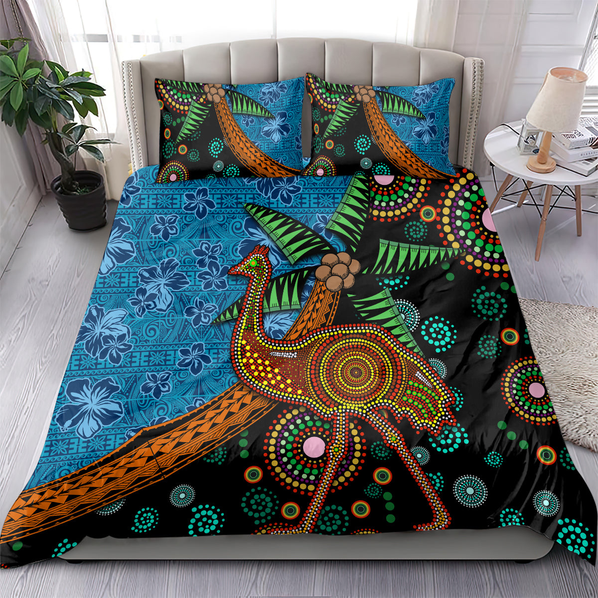 Fiji and Australia Bedding Set Palm Tree and Abogirinal Emu LT03 - Polynesian Pride
