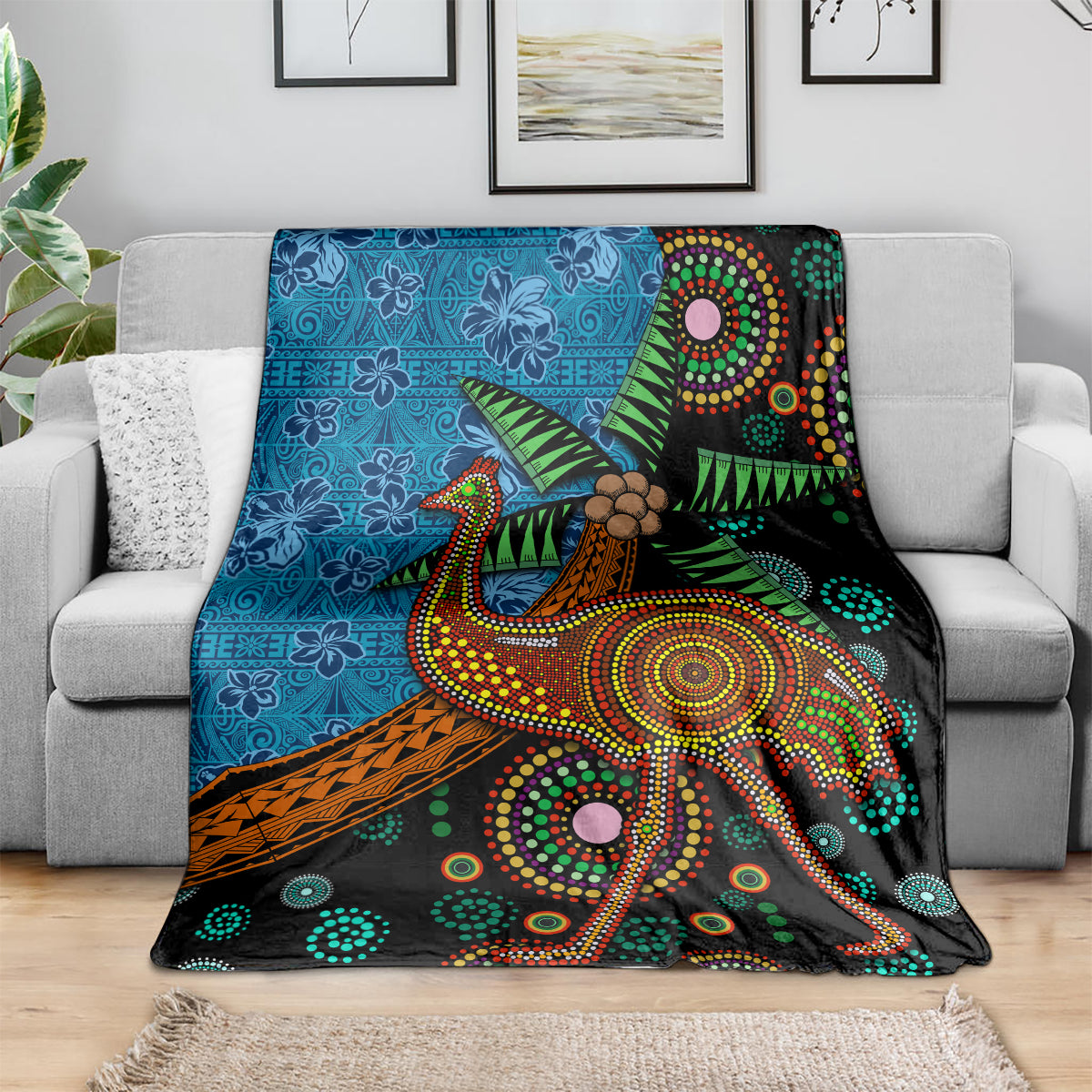 Fiji and Australia Blanket Palm Tree and Abogirinal Emu LT03 - Polynesian Pride
