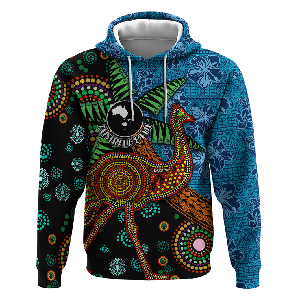 Fiji and Australia Hoodie Palm Tree and Abogirinal Emu LT03 Pullover Hoodie Blue - Polynesian Pride