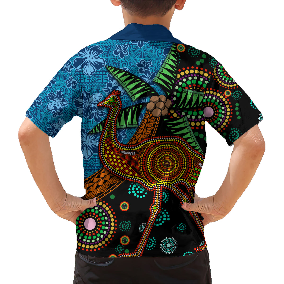 Fiji and Australia Kid Hawaiian Shirt Palm Tree and Abogirinal Emu LT03 - Polynesian Pride