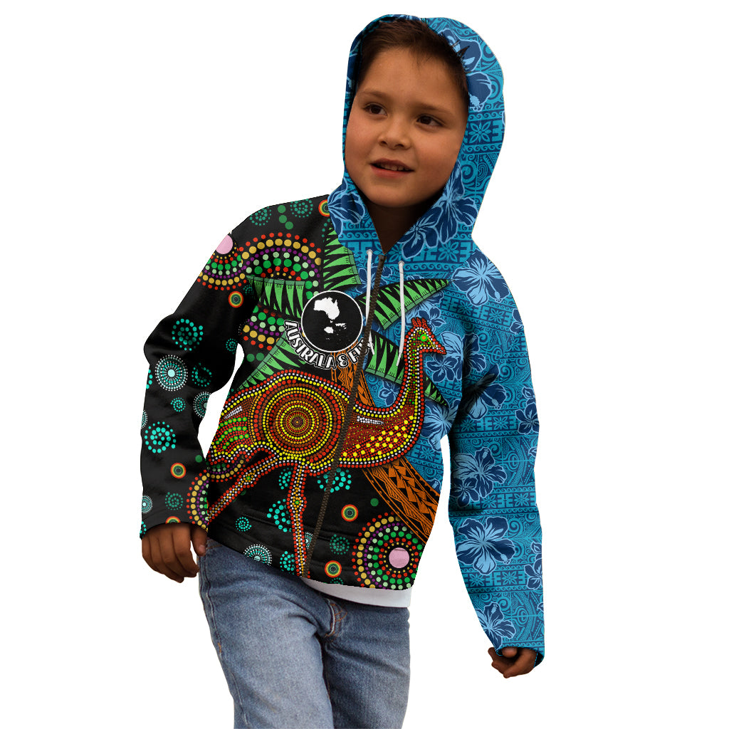 Fiji and Australia Kid Hoodie Palm Tree and Abogirinal Emu LT03 - Polynesian Pride