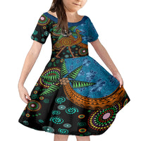Fiji and Australia Kid Short Sleeve Dress Palm Tree and Abogirinal Emu LT03 KID Blue - Polynesian Pride