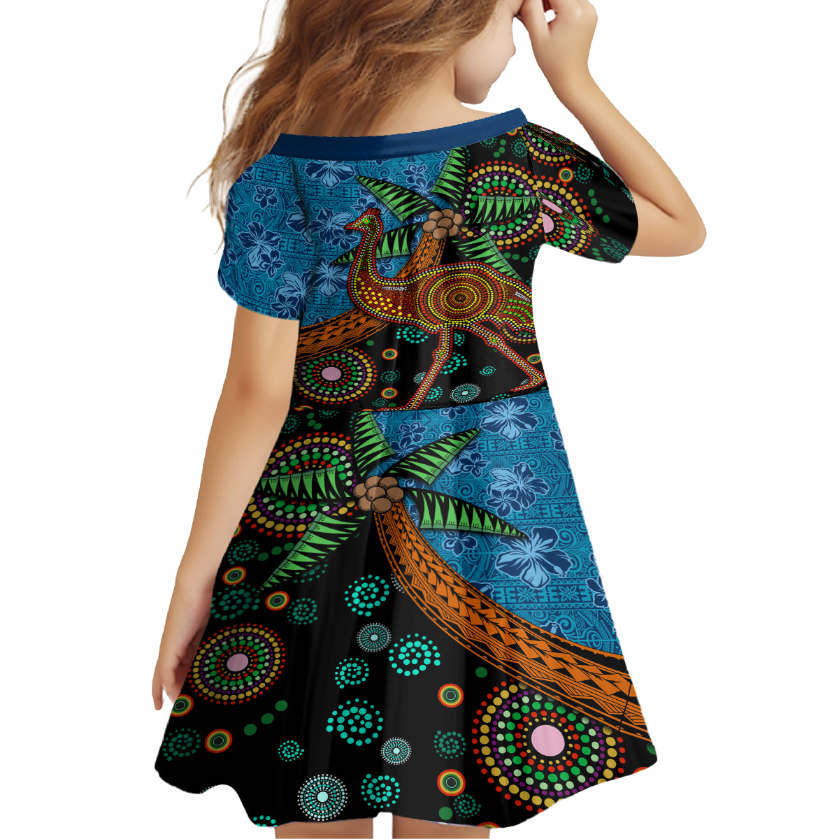 Fiji and Australia Kid Short Sleeve Dress Palm Tree and Abogirinal Emu LT03 - Polynesian Pride