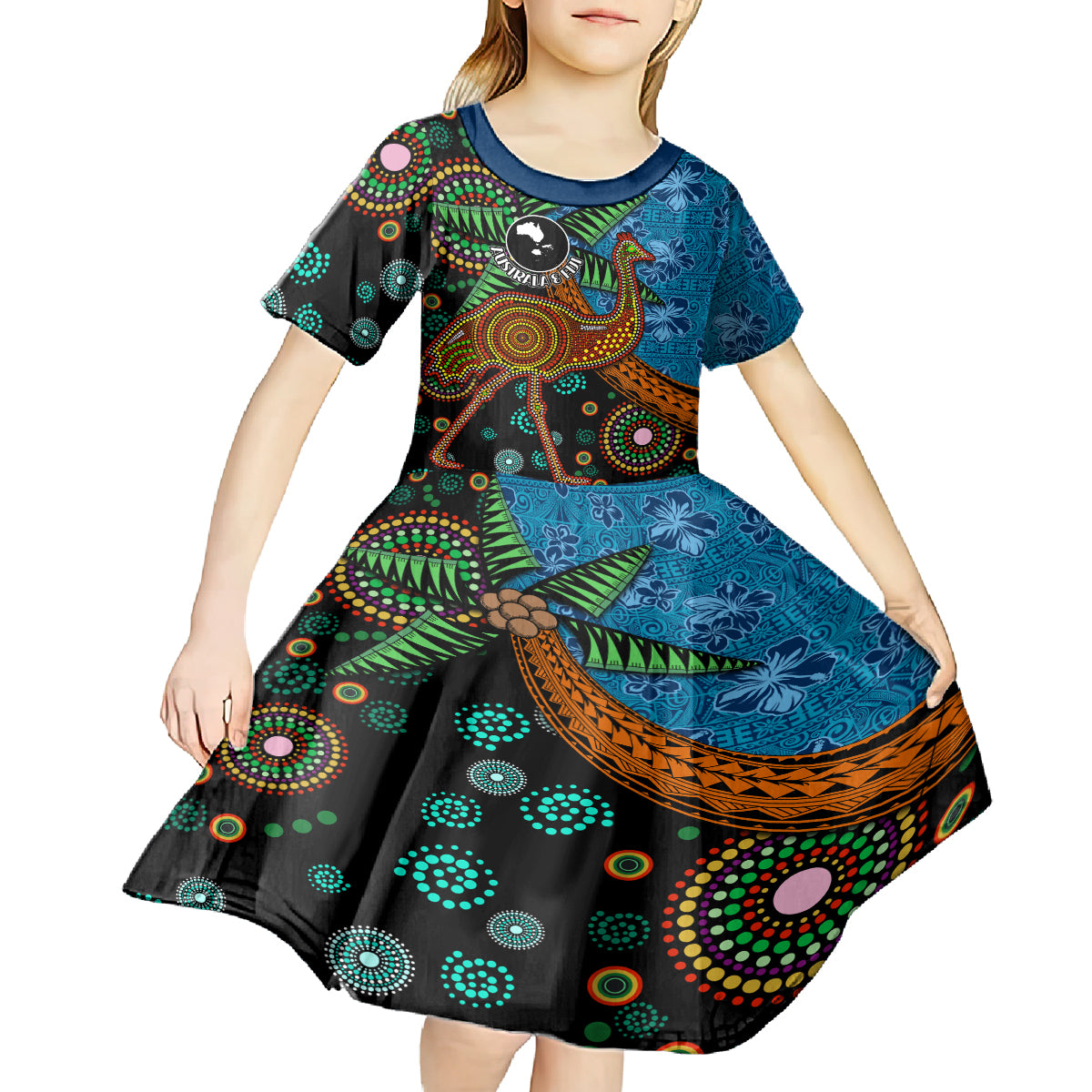 Fiji and Australia Kid Short Sleeve Dress Palm Tree and Abogirinal Emu LT03 - Polynesian Pride